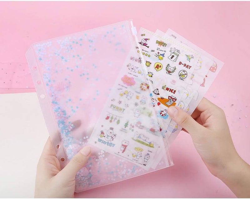 Chris.W 2 Pack Clear Plastic Zipper Pockets Envelopes for A5 6-Ring Binder Notebook, Built-in Glitter Flakes Decorations (A5 Size) - Image 4
